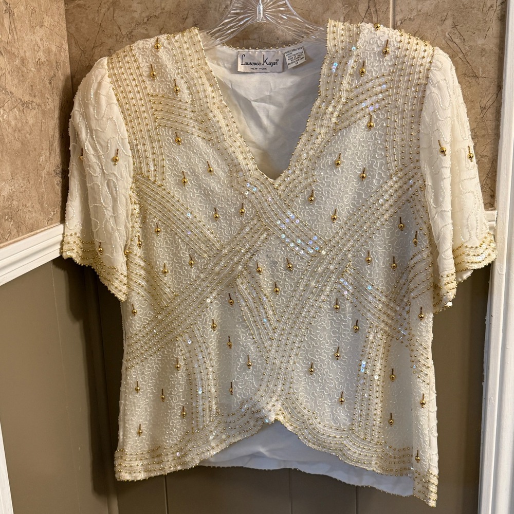 Vintage Laurence Kazar White Silk Beaded Sequined‎ Top Party Blouse Women's Sz M